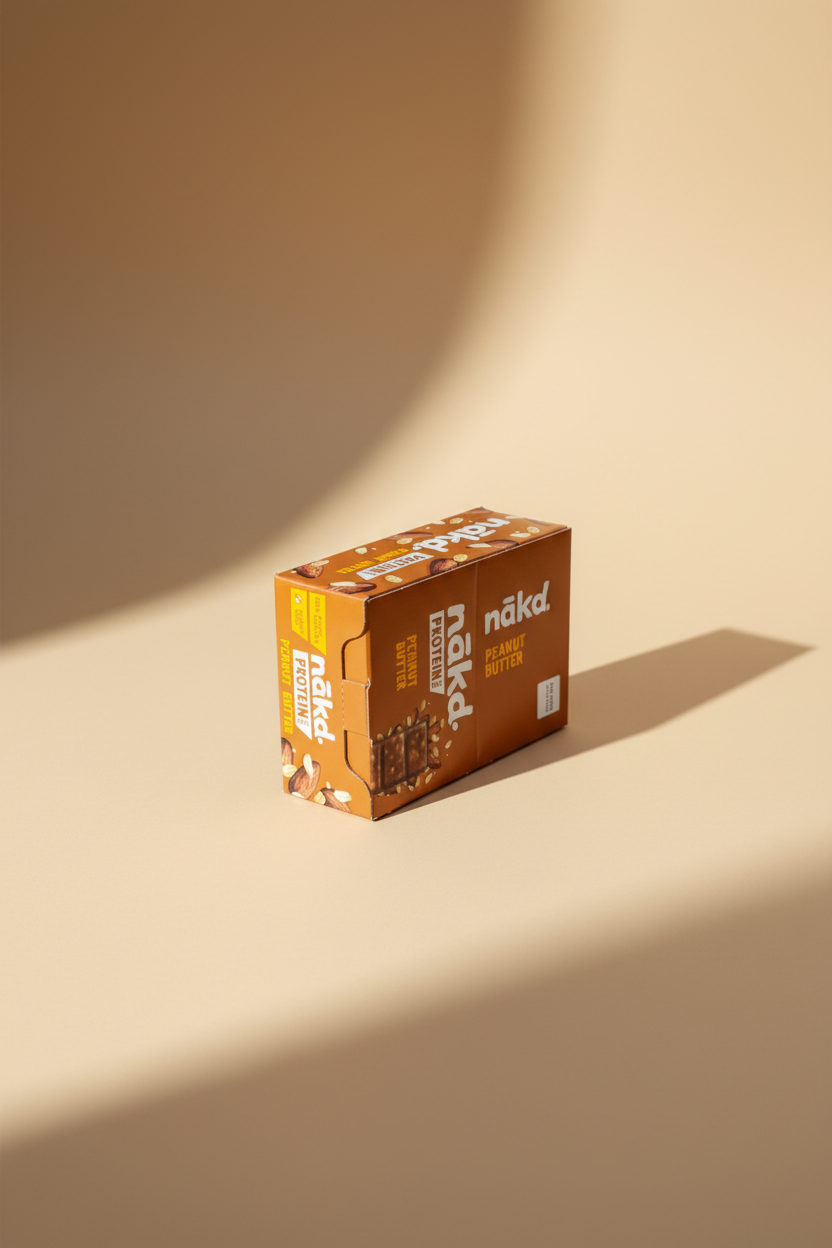 A box of nakd Protein Peanut Butter chocolate malt flavor protein powder, photographed on a gray paved outdoor surface.