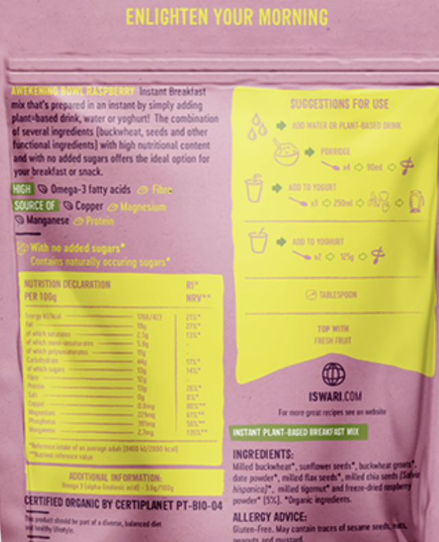 Package of instant breakfast mix with nutritional information and ingredients listed.
