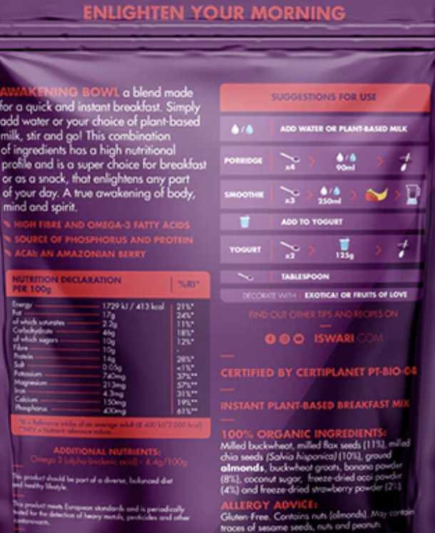 Package of instant plant-based breakfast mix with nutritional information and usage instructions.