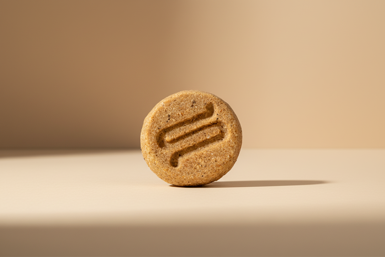 A single round grain-free biscuit with a textured embossed design, shown on a light purple background with informational text overlays indicating dimensions.