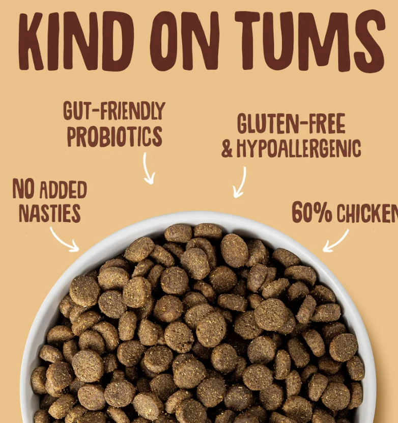 A bowl filled with brown kibble dog food on a beige background with text callouts reading 'KIND ON TUMS' and feature claims like 'Gut-friendly probiotics,' 'Gluten-free & hypoallergenic,' 'No added nasties,' and '60% chicken.'.