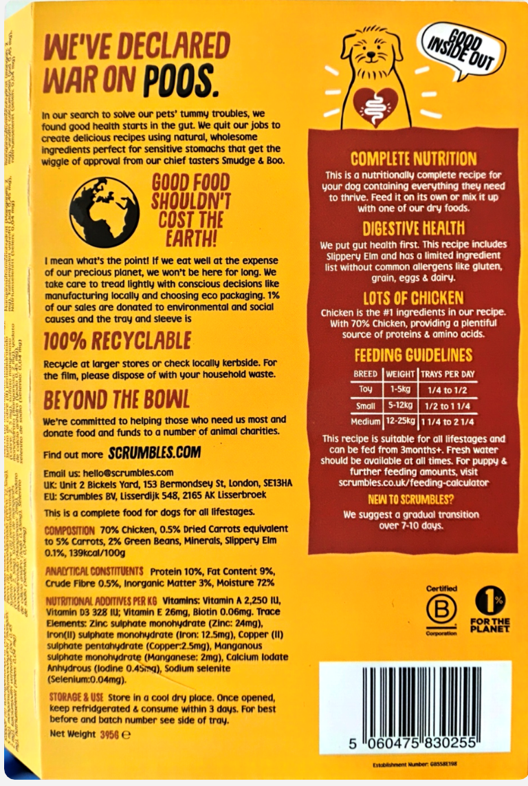 The back of a ScrubbleMe dog food bag, featuring a warm orange background with black text, a cartoon lion illustration, and a detailed nutrition facts panel.