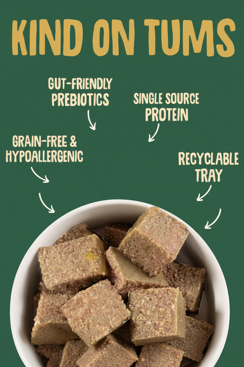 A promotional graphic for Kind on Tums grain-free pet treats, showing a white bowl filled with square brownish-beige treats on a pink background with text callouts highlighting key product features.