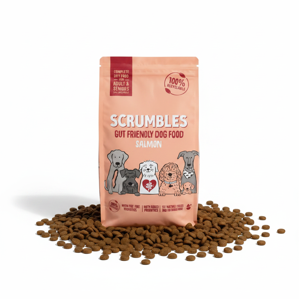 A bag of Scrumbles Gut Friendly Dog Food Salmon for adult and senior dogs, shown on a dusty pink background with kibble scattered around it.
