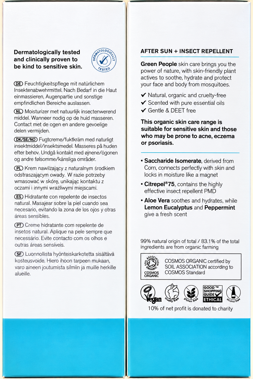 Green People After Sun Natural Insect Repellent combined carton panels with benefits, organic certification and multilingual directions