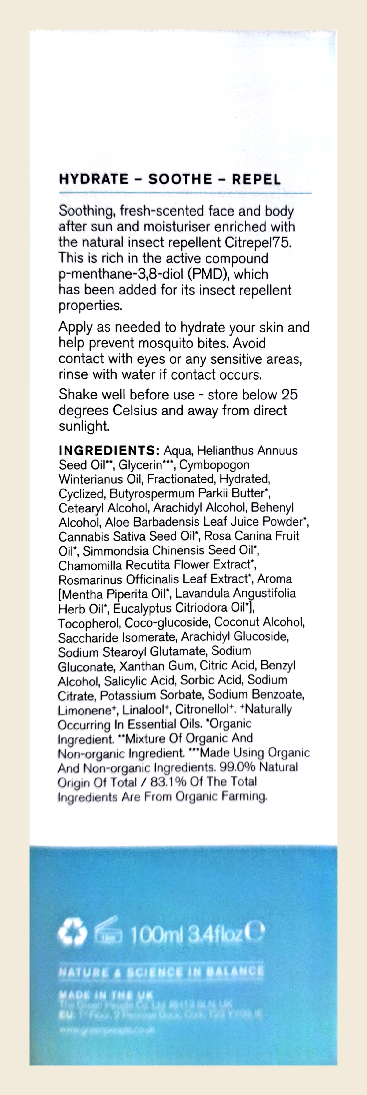 Green People After Sun 100ml original ingredients and directions label, restored without redrawing or changing printed text