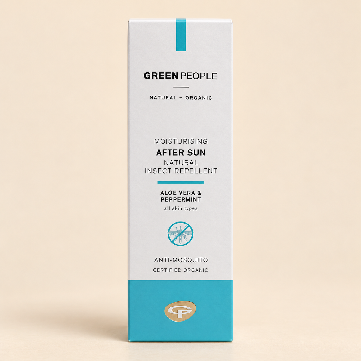Green People Moisturising After Sun Natural Insect Repellent Aloe Vera and Peppermint front carton on cream studio background
