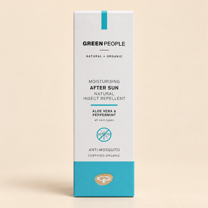 Green People Moisturising After Sun Natural Insect Repellent Aloe Vera and Peppermint front carton on cream studio background