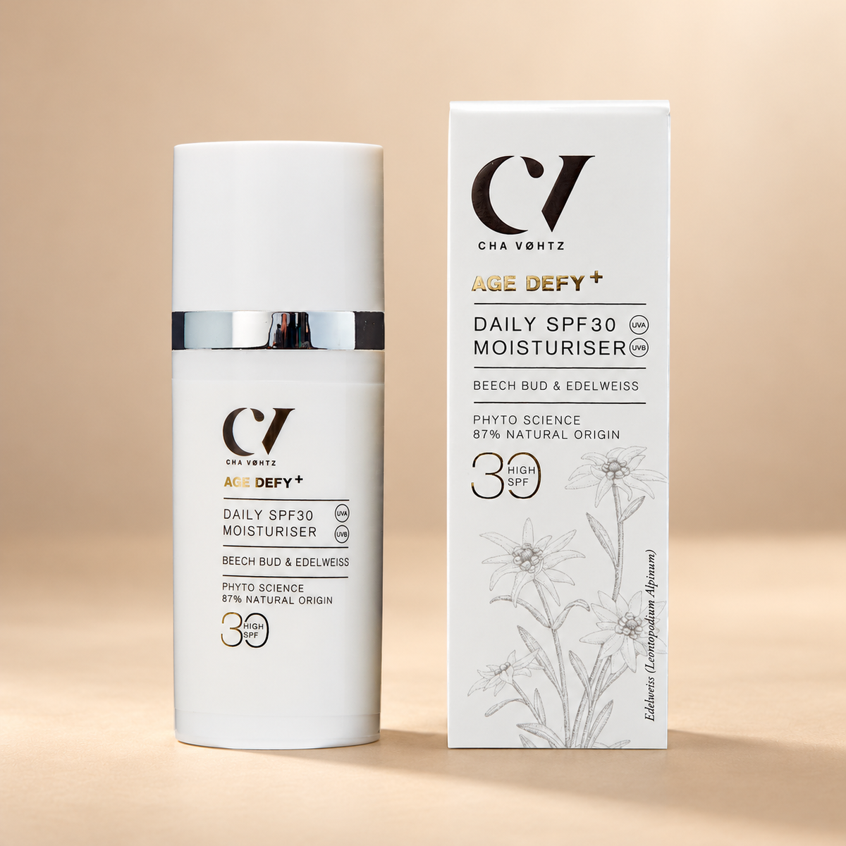 Green People Age Defy+ Daily SPF30 Moisturiser – 30ml shown on the approved warm beige background