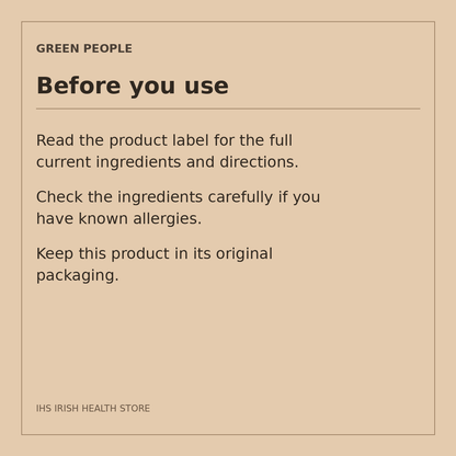 Green People Age Defy+ Daily SPF30 Moisturiser – 30ml: before you use on a beige information card