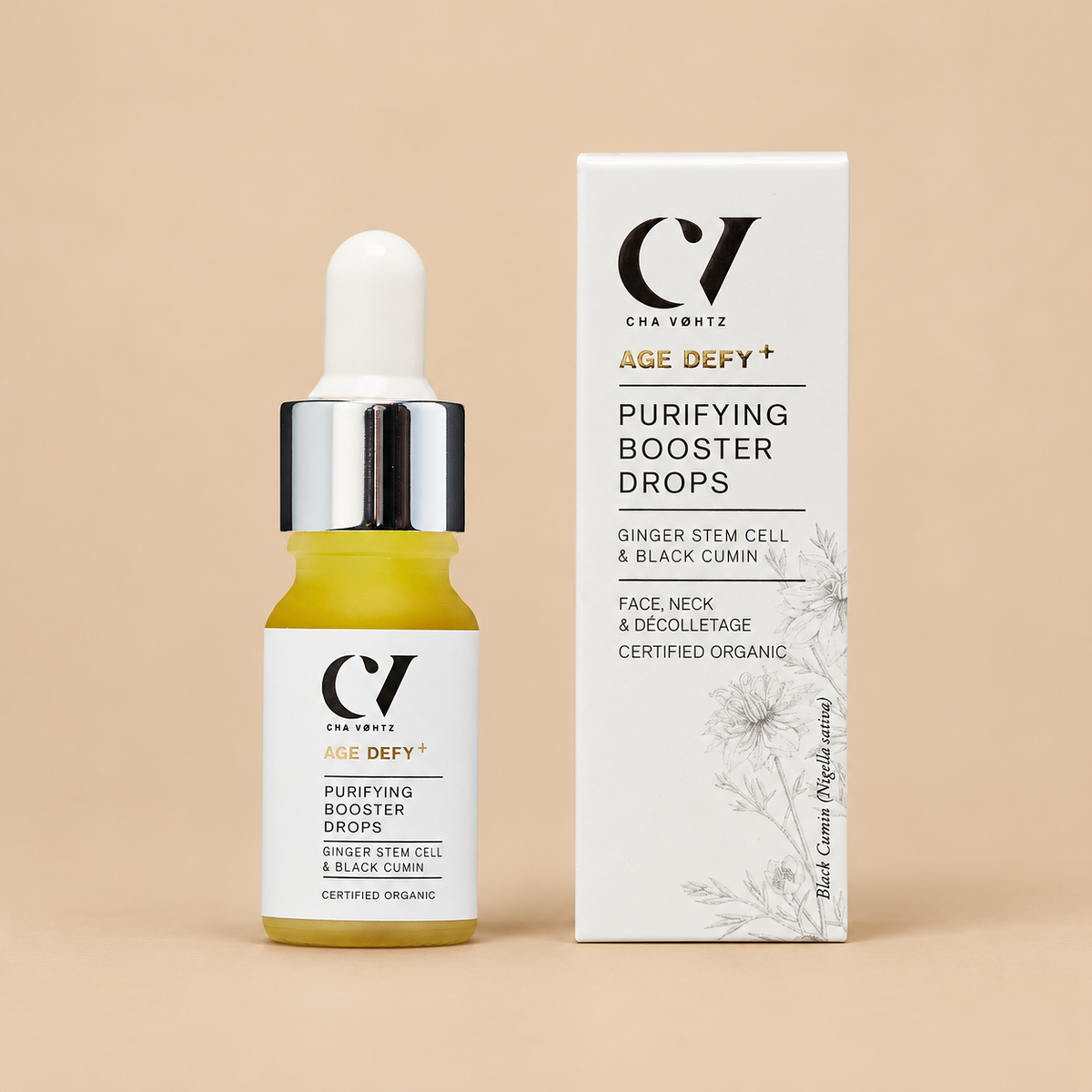 Green People Age Defy+ Purifying Booster Drops – Jojoba & Black Cumin, 10ml in original packaging on a warm beige background