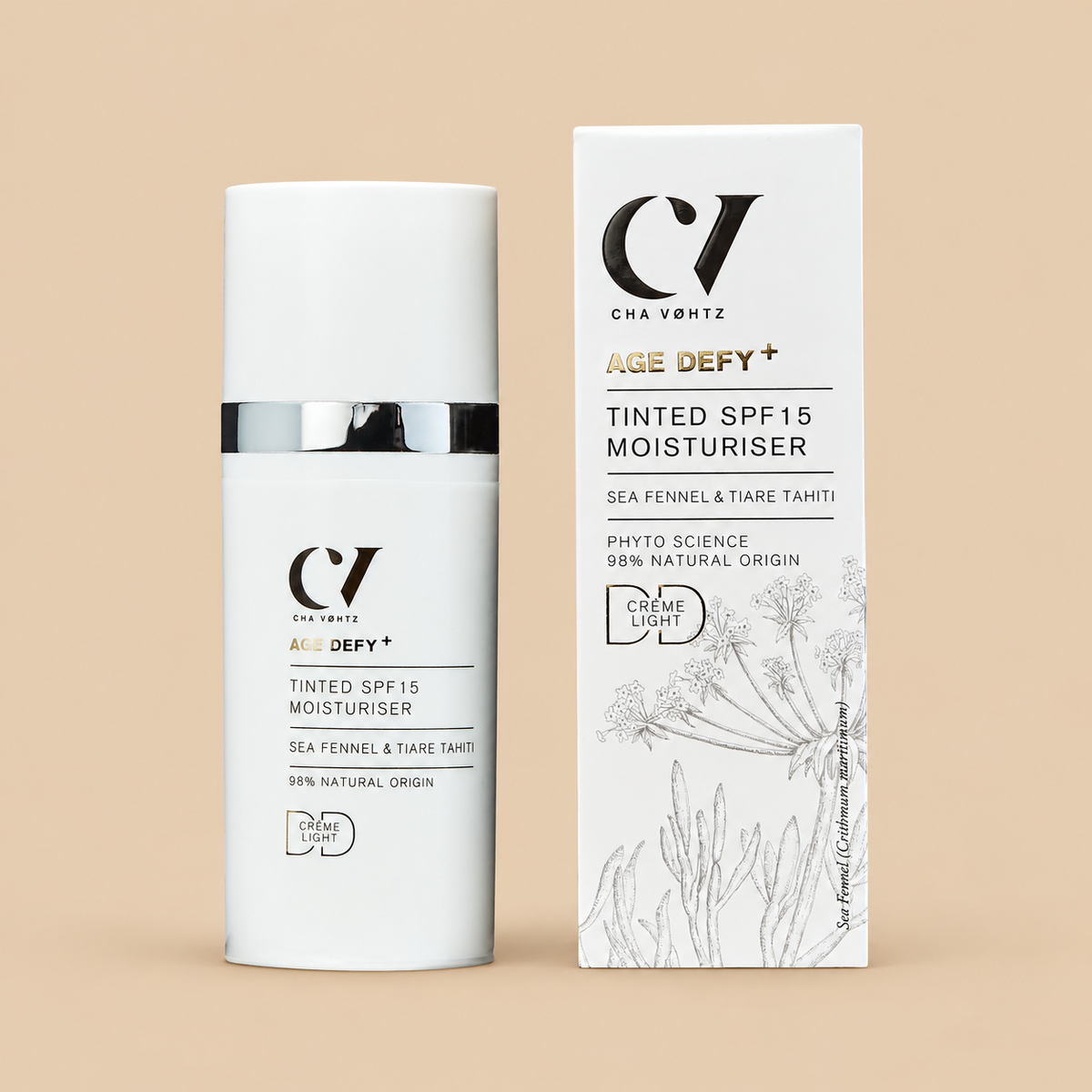 Green People Age Defy+ Tinted DD Moisturiser SPF15 – Light, 30ml — product pack on a warm beige background