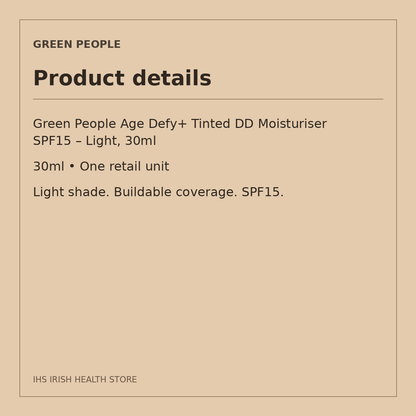 Green People Age Defy+ Tinted DD Moisturiser SPF15 – Light, 30ml: product details on a beige information card