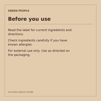 Green People Age Defy+ Tinted DD Moisturiser SPF15 – Light, 30ml: before you use on a beige information card