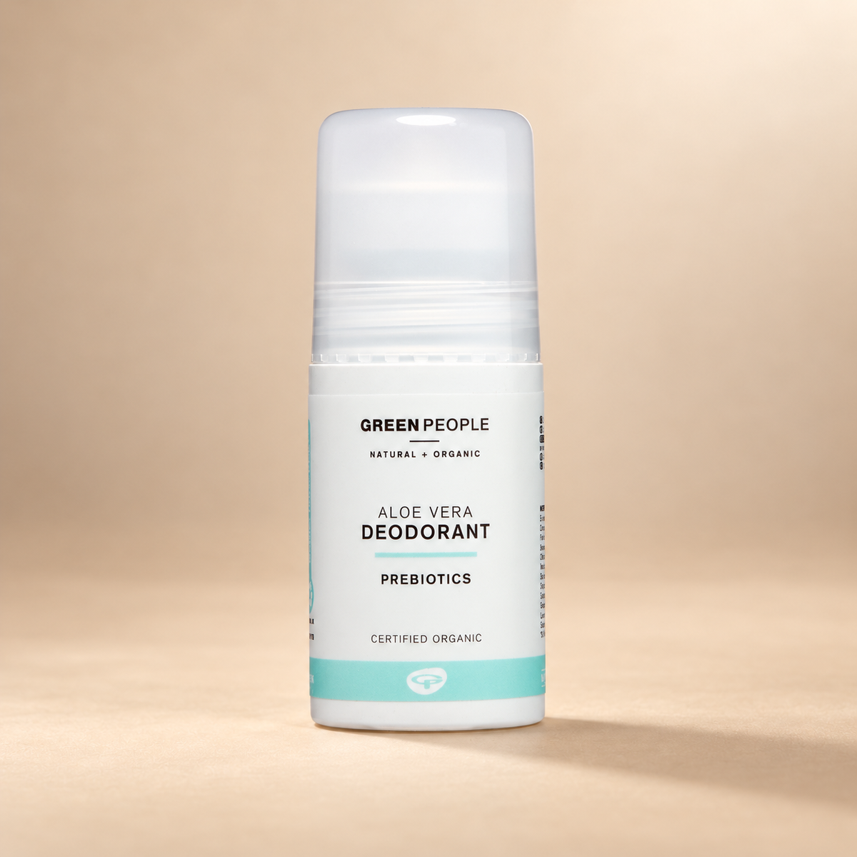 Green People Aloe Vera & Prebiotics Deodorant – Roll-On, 75ml in its original packaging on a warm beige background