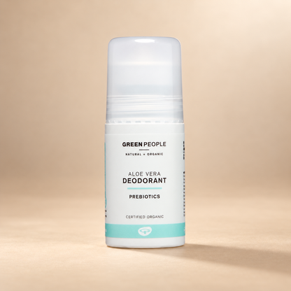Green People Aloe Vera & Prebiotics Deodorant – Roll-On, 75ml in its original packaging on a warm beige background