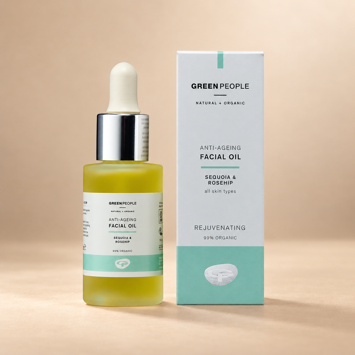 Green People Anti-Ageing Facial Oil – Rosehip & Sequoia, 30ml in its original packaging on a warm beige background