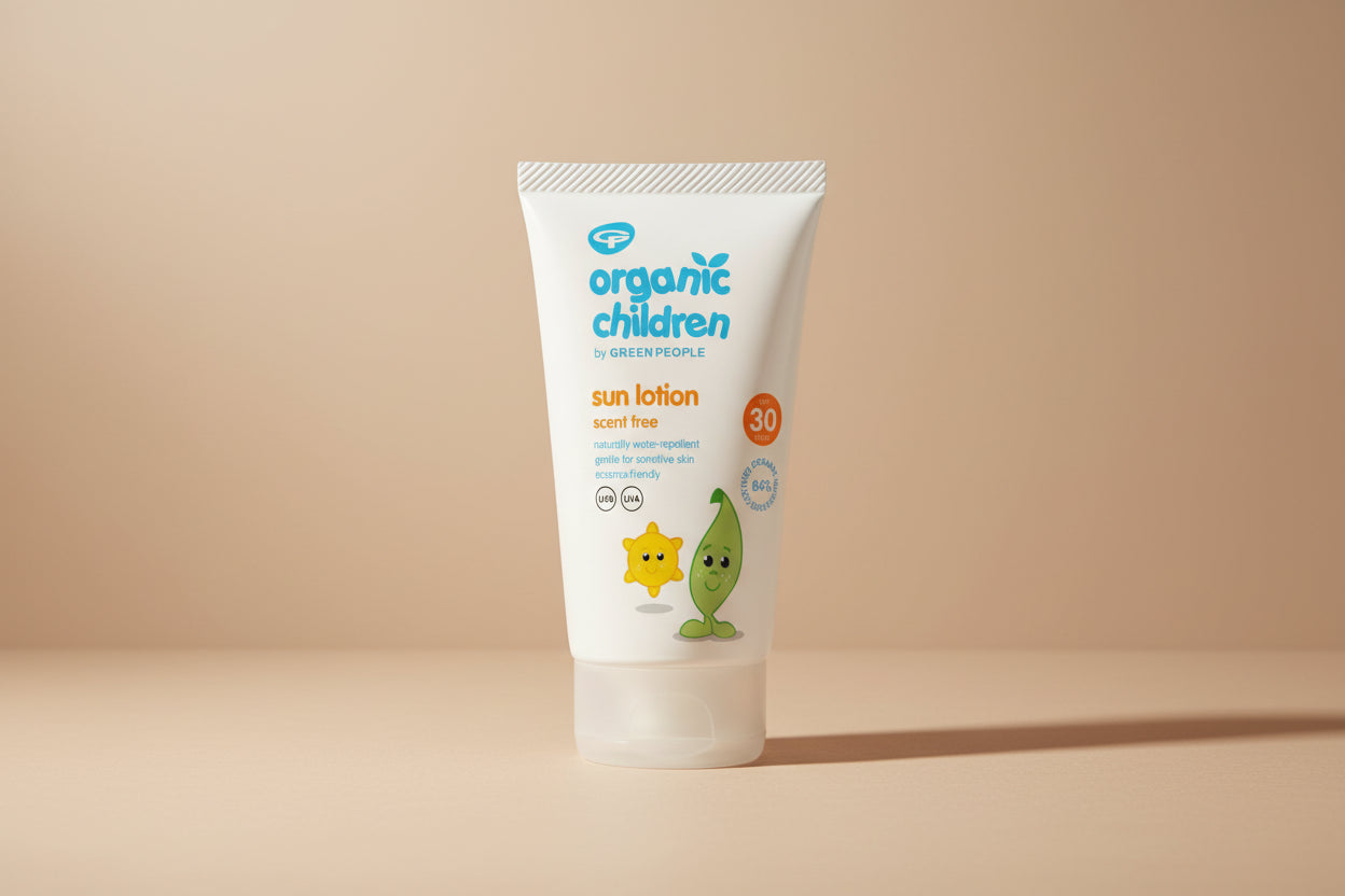 Sun lotion container for children with 'Organic Children' branding on a white background