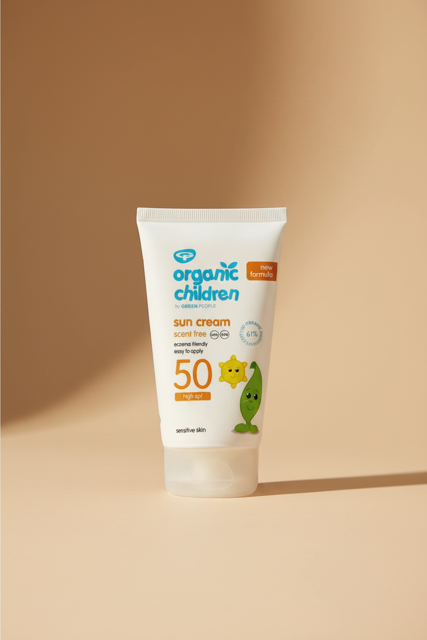 Tube of Organic Children sun cream on a white background