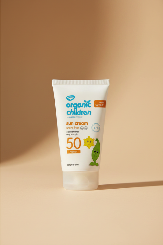 Tube of Organic Children sun cream on a white background