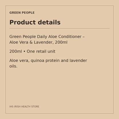 Green People Daily Aloe Conditioner – Aloe Vera & Lavender, 200ml: product details on a beige information card