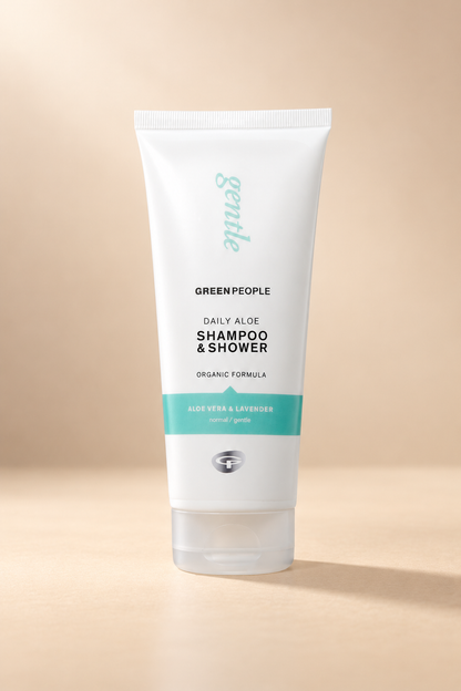 Green People Daily Aloe Shampoo & Shower Wash 200ml tube on a warm beige background