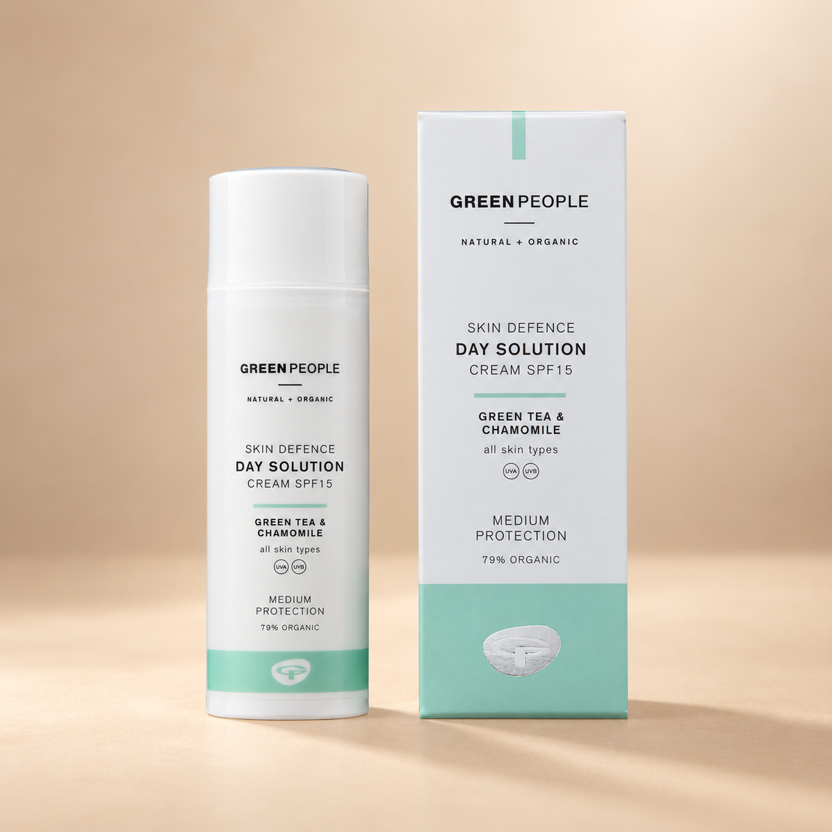 Green People Day Solution Cream SPF15 – 50ml shown on the approved warm beige background