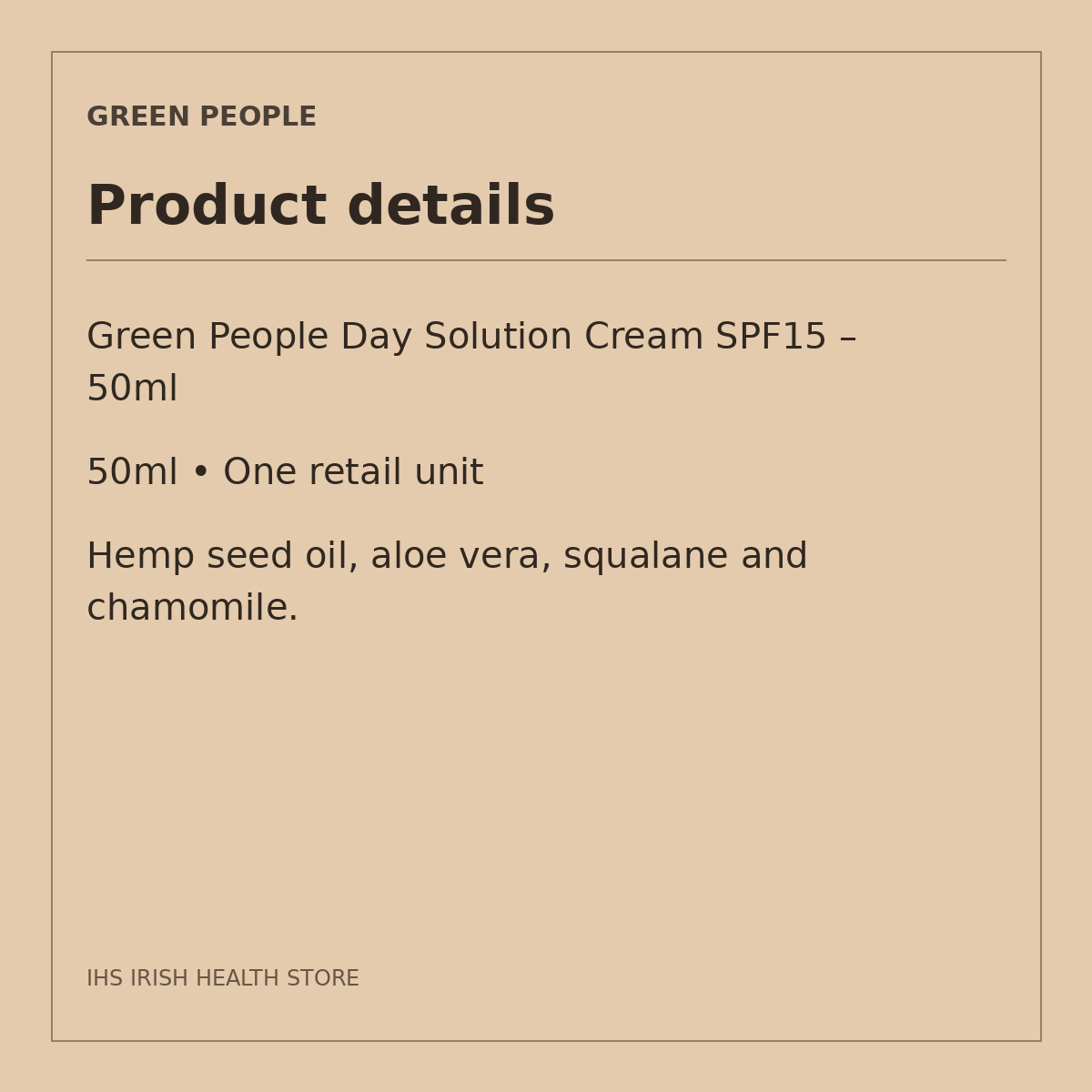 Green People Day Solution Cream SPF15 – 50ml: product details on a beige information card