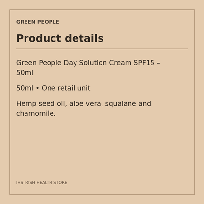 Green People Day Solution Cream SPF15 – 50ml: product details on a beige information card