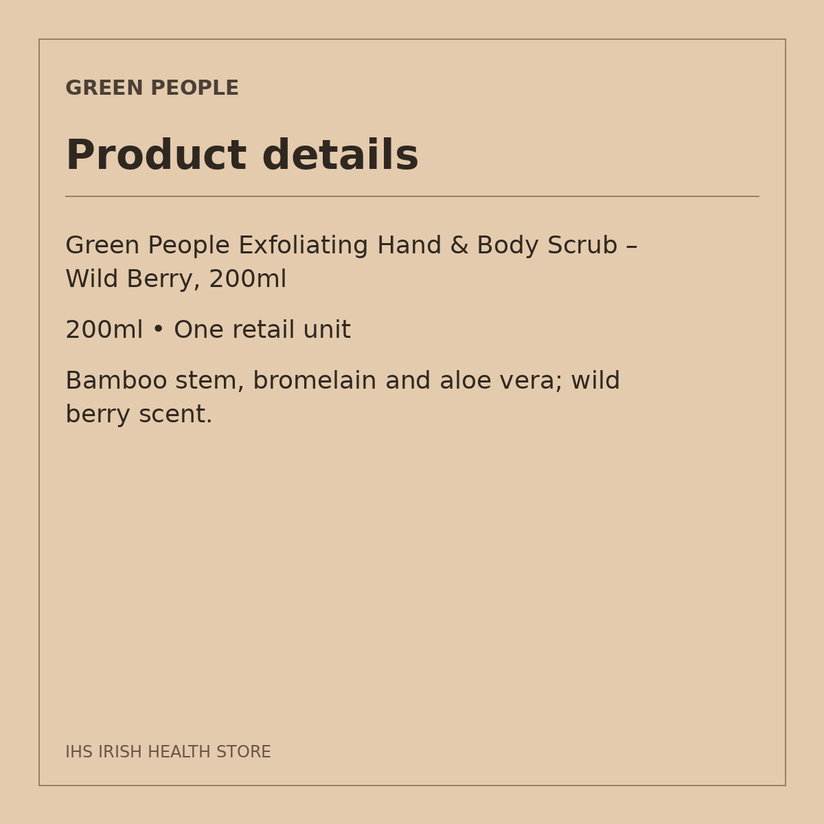 Green People Exfoliating Hand & Body Scrub – Wild Berry, 200ml: product details on a beige information card