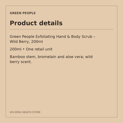 Green People Exfoliating Hand & Body Scrub – Wild Berry, 200ml: product details on a beige information card