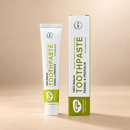 Green People Fennel & Propolis Toothpaste – Fluoride-Free, 50ml in its original packaging on a warm beige background