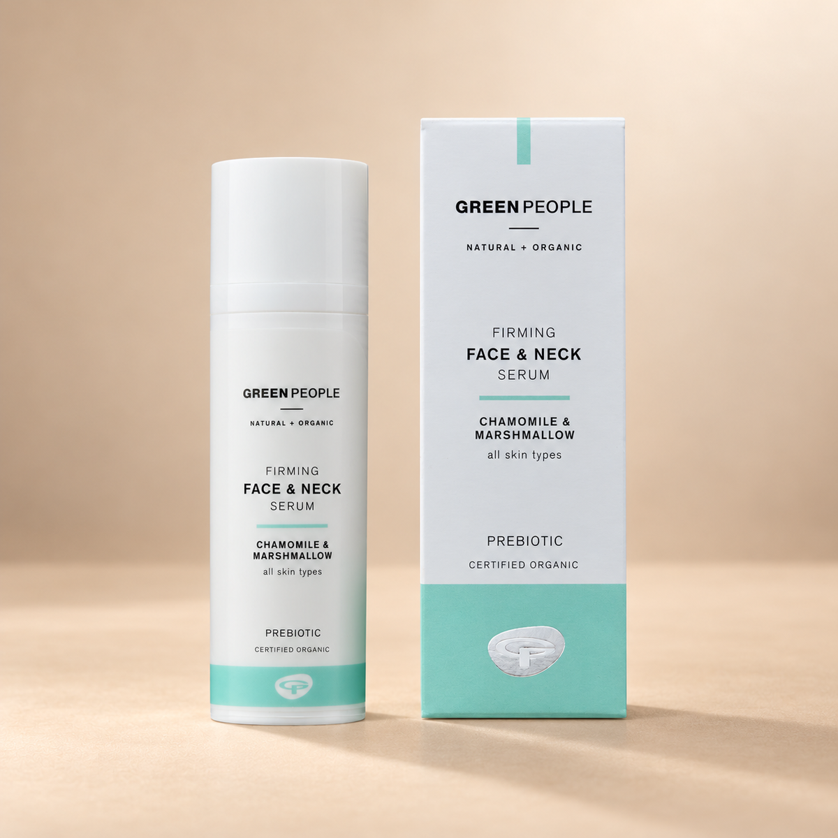 Green People Firming Face & Neck Serum – Chamomile & Marshmallow, 50ml in its original packaging on a warm beige background