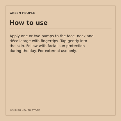 Green People Firming Face & Neck Serum – Chamomile & Marshmallow, 50ml: how to use on a beige information card