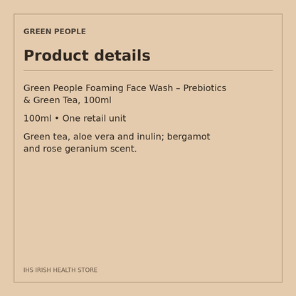 Green People Foaming Face Wash – Prebiotics & Green Tea, 100ml: product details on a beige information card