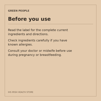 Green People Foaming Face Wash – Prebiotics & Green Tea, 100ml: before you use on a beige information card