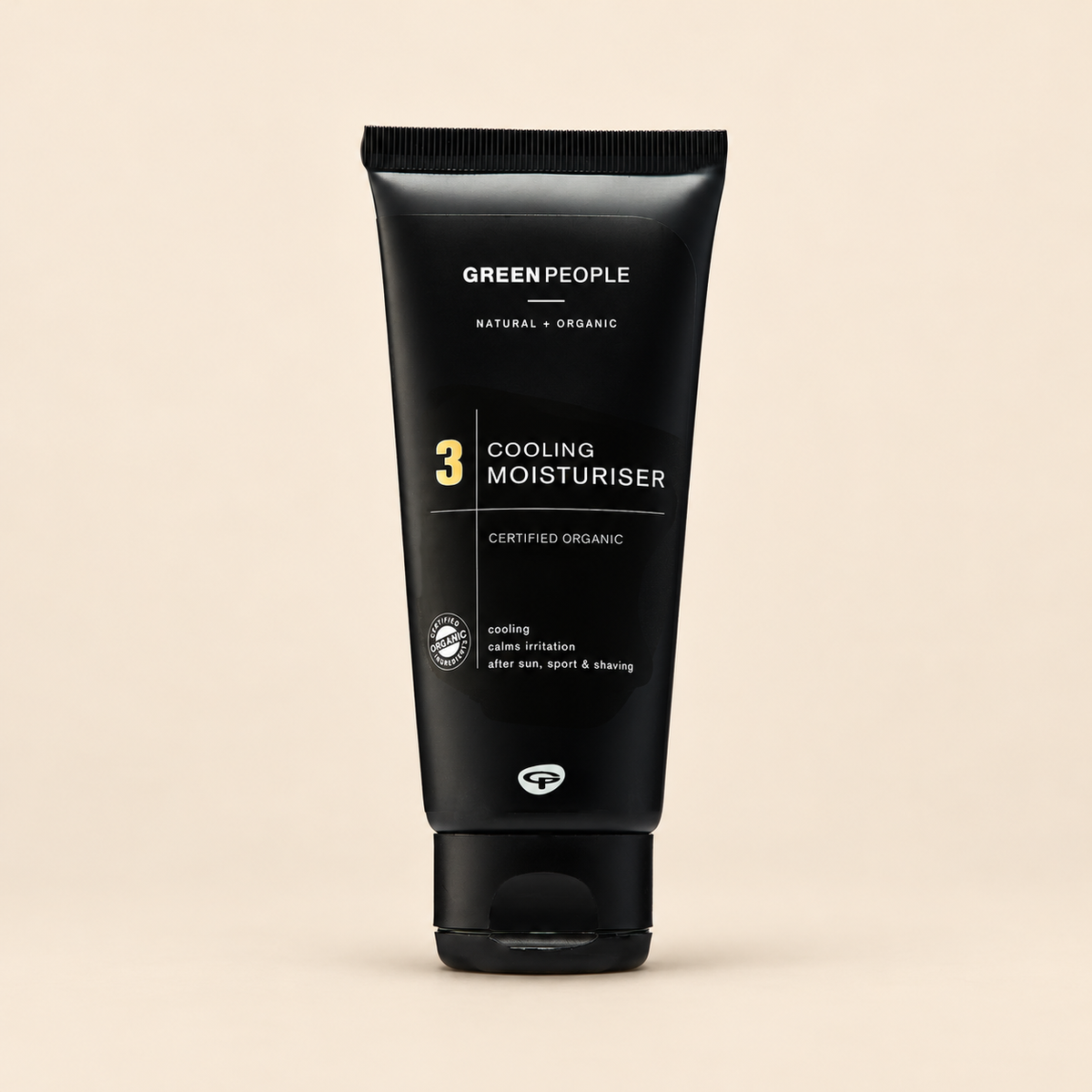 Green People for Men No. 3 Cooling Moisturiser – Aloe Vera & Peppermint, 100ml in original packaging on a warm beige background