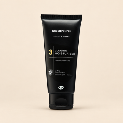 Green People for Men No. 3 Cooling Moisturiser – Aloe Vera & Peppermint, 100ml in original packaging on a warm beige background
