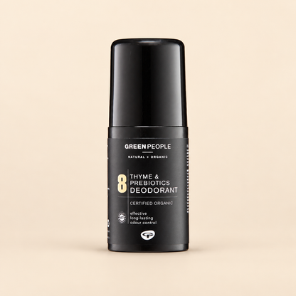 Green People for Men No. 8 Thyme & Prebiotics Deodorant – Roll-On, 75ml in original packaging on a warm beige background