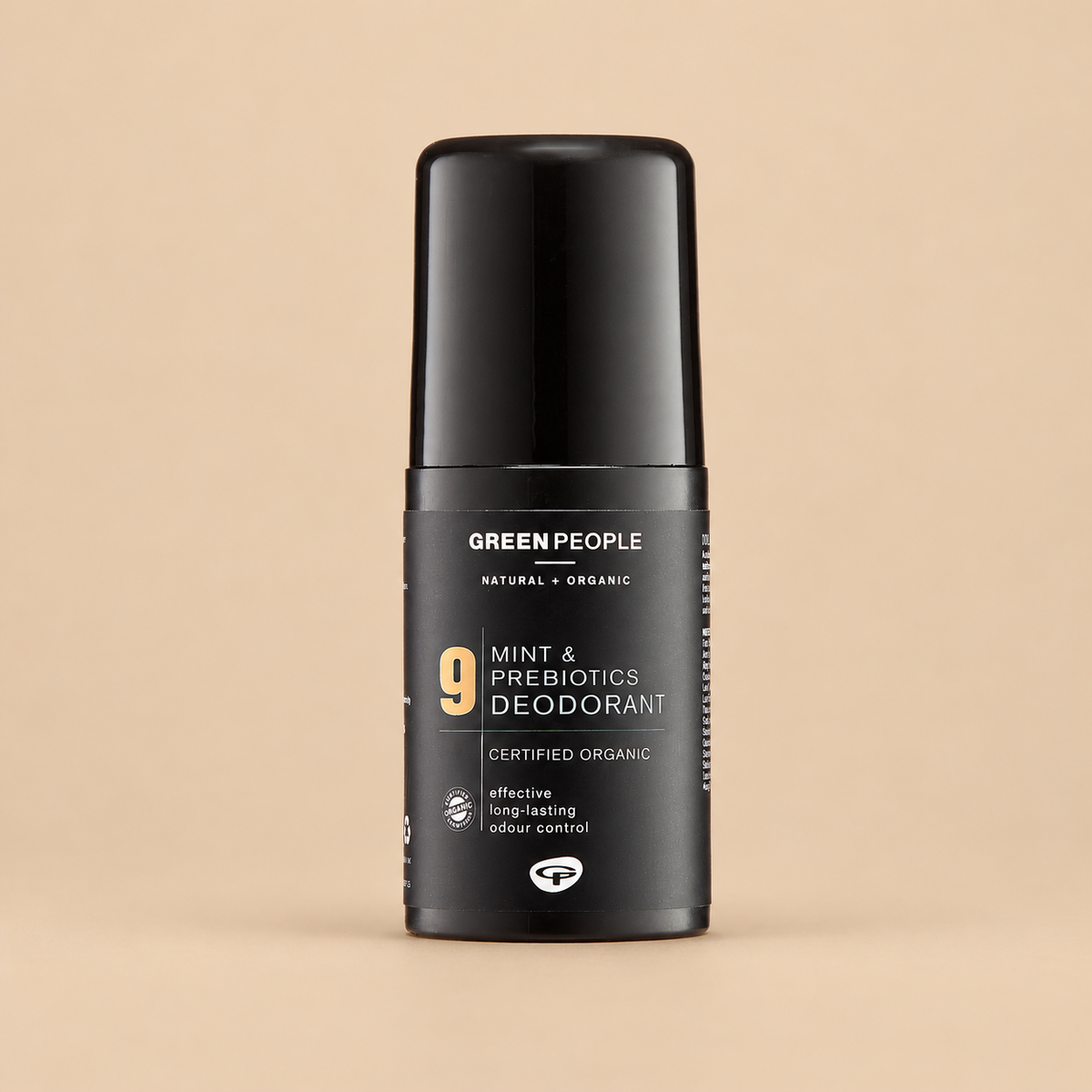 Green People for Men No. 9 Mint & Prebiotics Deodorant – Roll-On, 75ml in original packaging on a warm beige background