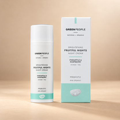 Green People Fruitful Nights Night Cream – Pineapple & Raspberry, 50ml in its original packaging on a warm beige background