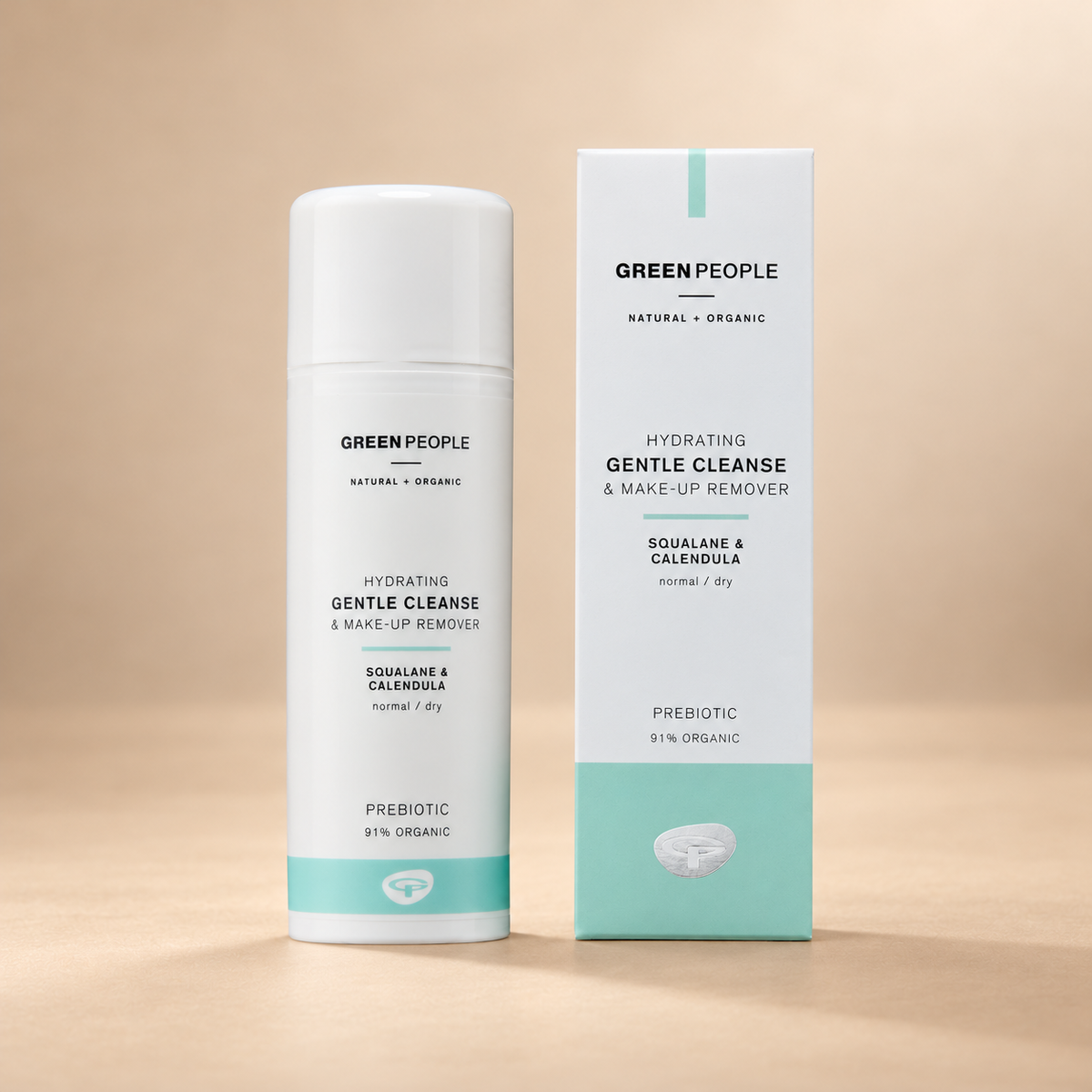 Green People Gentle Cleanse & Make-Up Remover – Calendula & Squalane, 150ml in its original packaging on a warm beige background