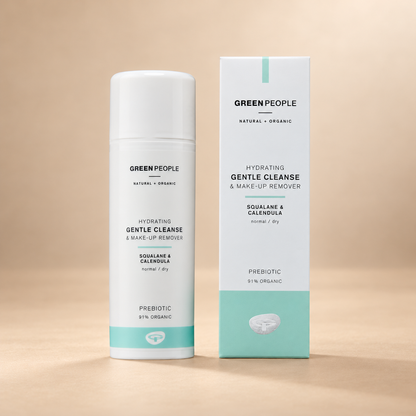 Green People Gentle Cleanse & Make-Up Remover – Calendula & Squalane, 150ml in its original packaging on a warm beige background