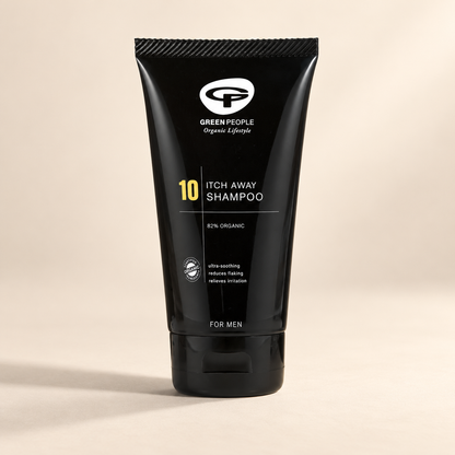 Green People No.10 Itch Away Shampoo 125ml – original black tube on a warm cream background
