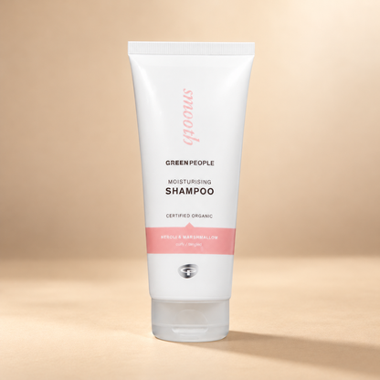 Green People Moisturising Shampoo – Neroli & Marshmallow, 200ml in its original packaging on a warm beige background