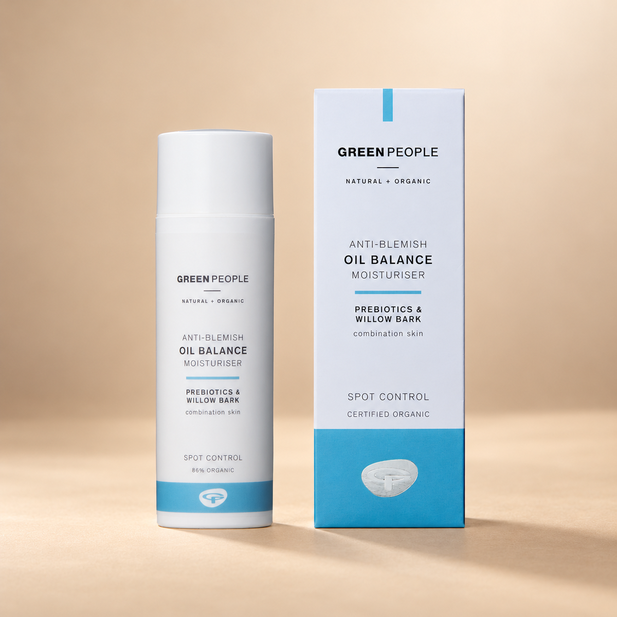 Green People Oil Balance Moisturiser – Prebiotics & Willow Bark, 50ml shown on the approved warm beige background