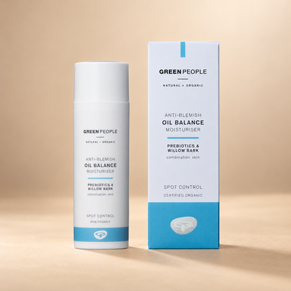 Green People Oil Balance Moisturiser – Prebiotics & Willow Bark, 50ml shown on the approved warm beige background