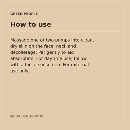 Green People Oil Balance Moisturiser – Prebiotics & Willow Bark, 50ml: how to use on a beige information card