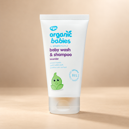 Green People Organic Babies Lavender Baby Wash & Shampoo – 150ml shown on the approved warm beige background