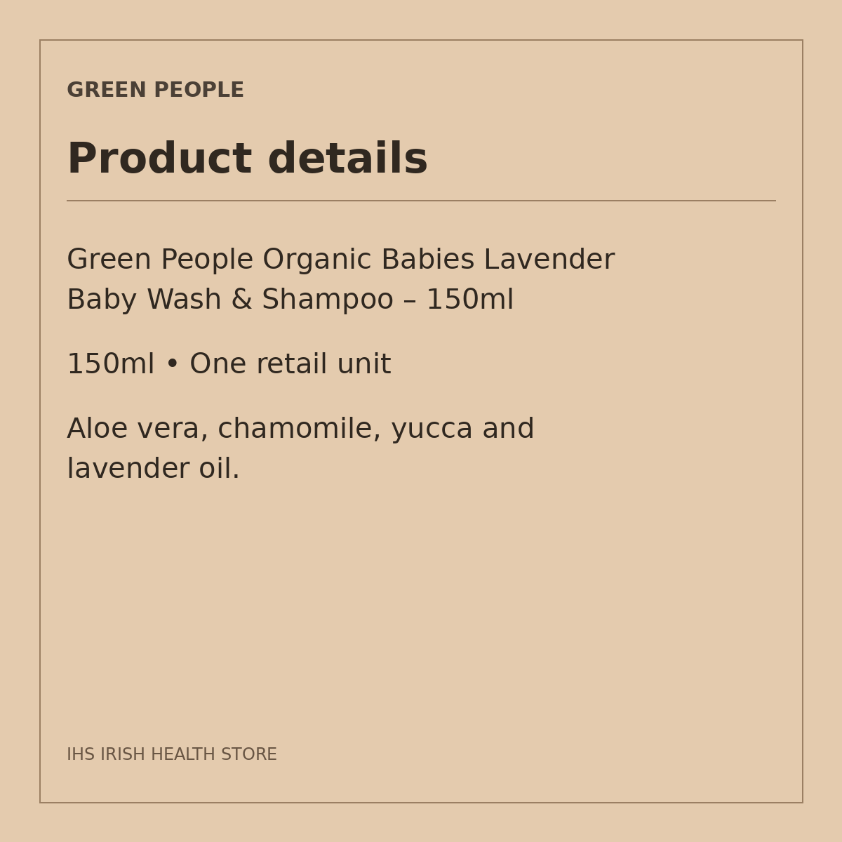 Green People Organic Babies Lavender Baby Wash & Shampoo – 150ml: product details on a beige information card